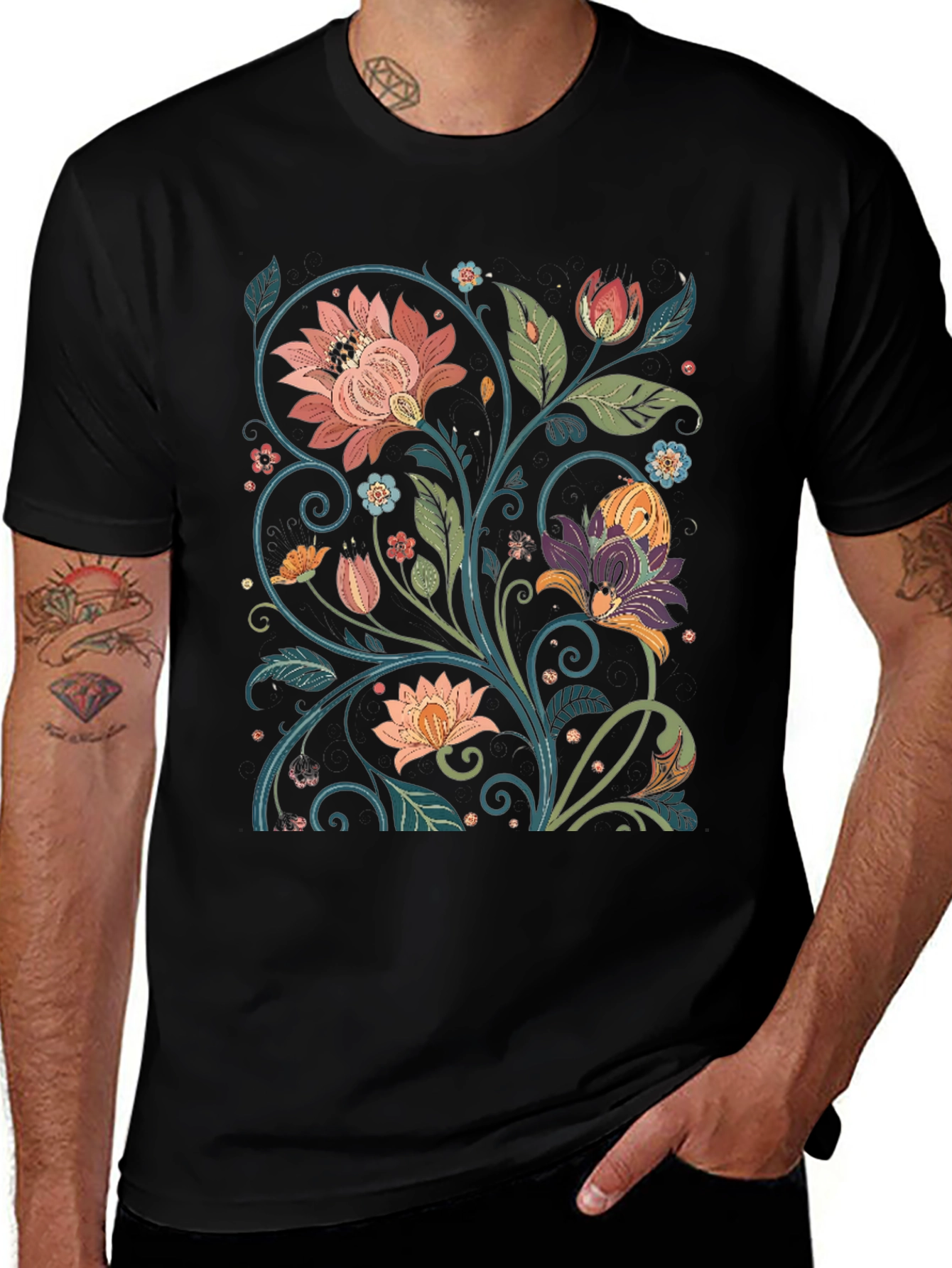 Floral Pattern Black T-Shirt - Vintage Style