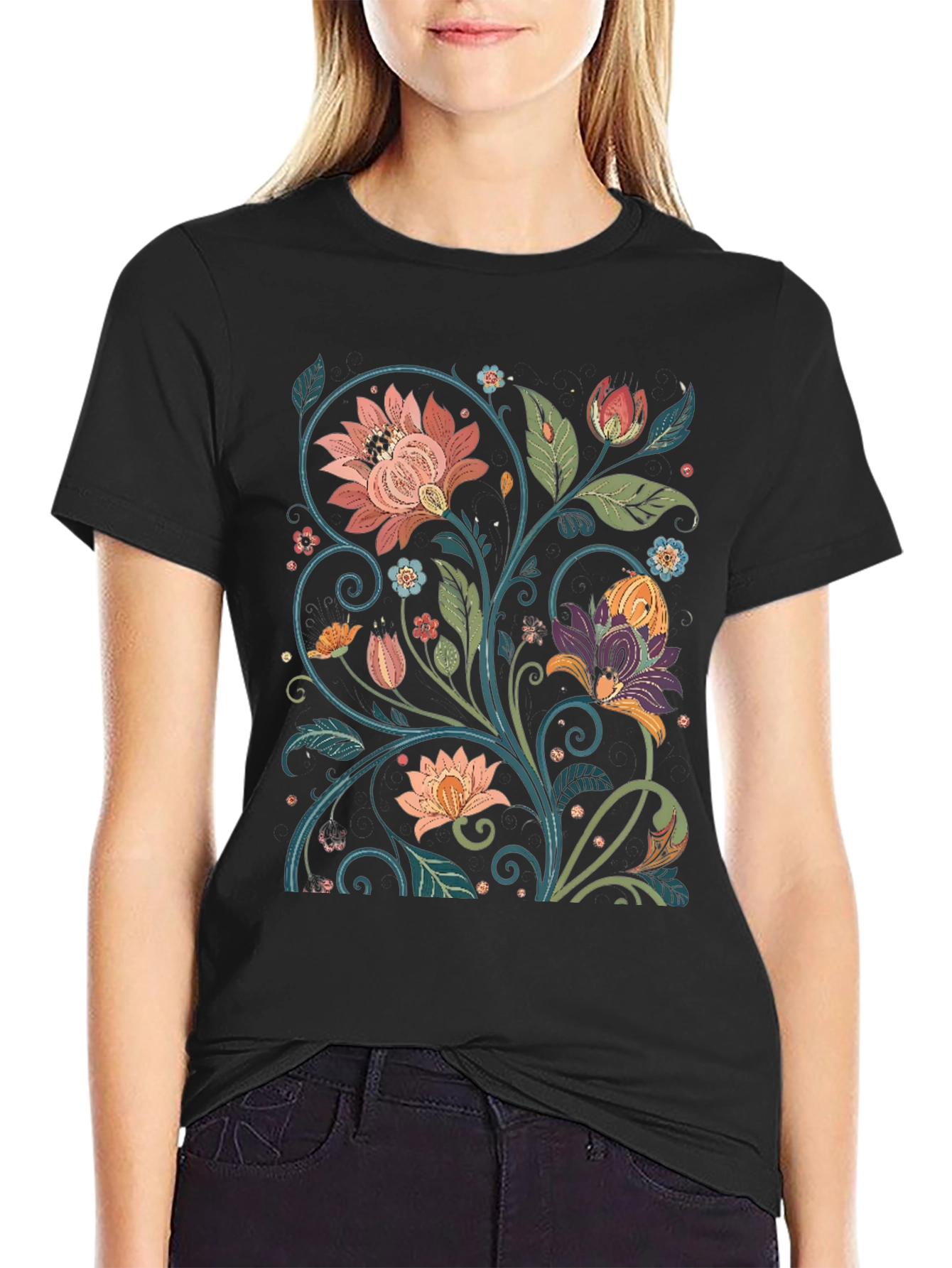 Floral Pattern Black T-Shirt - Vintage Style