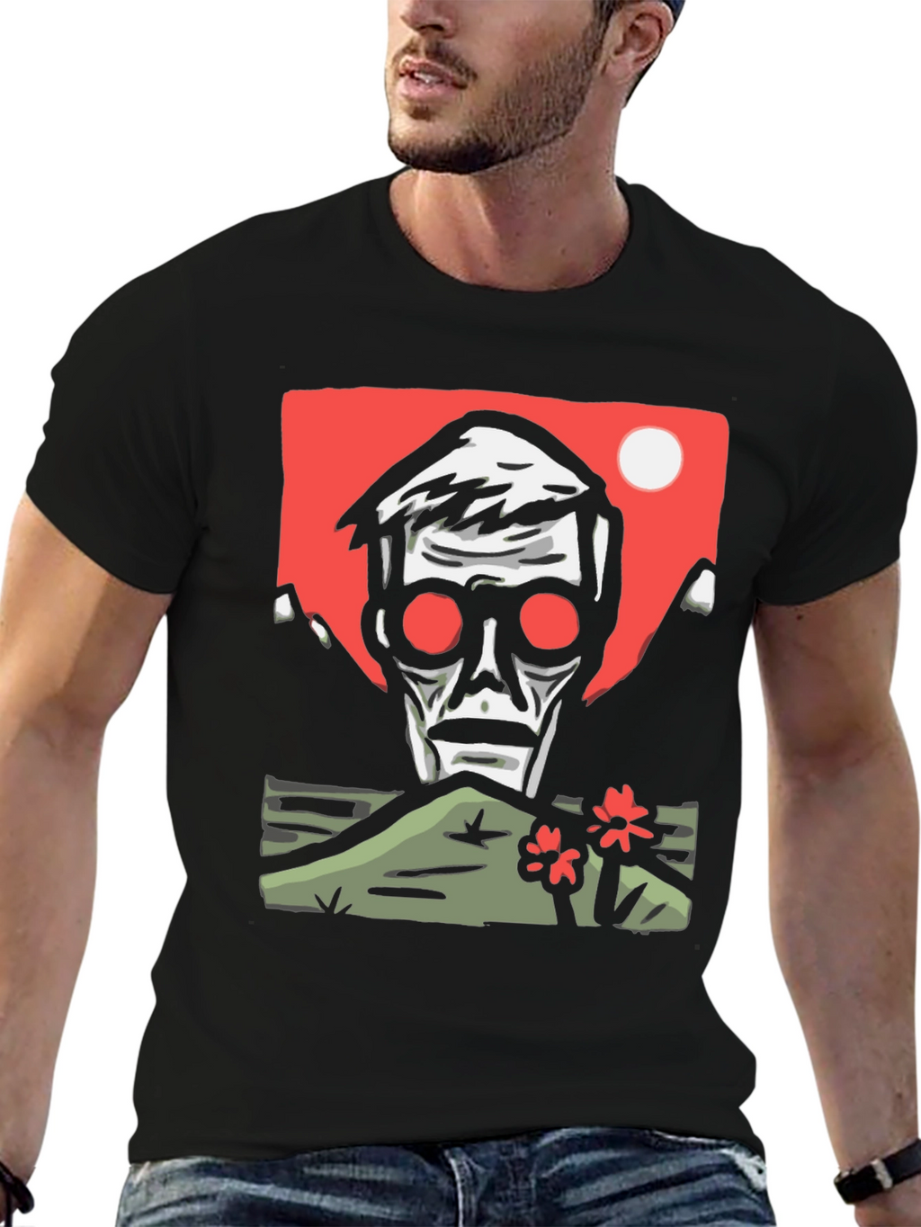 Edgy Graphic Tee: Skull & Landscape Design