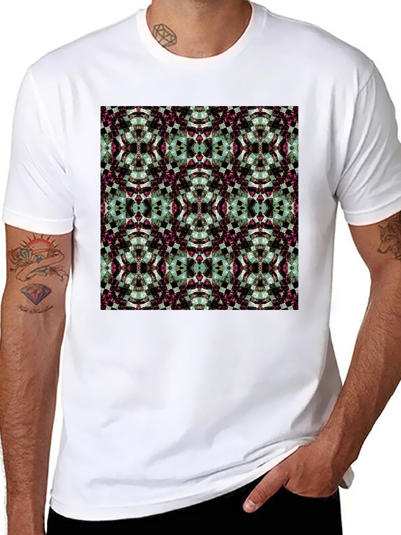 Kaleidoscope Pattern Black Crew Neck T-Shirt