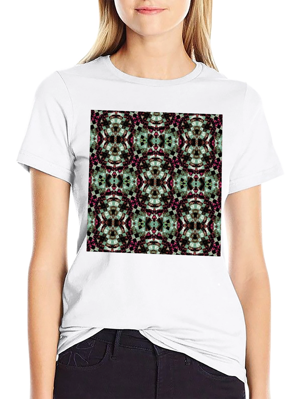 Kaleidoscope Pattern Black Crew Neck T-Shirt