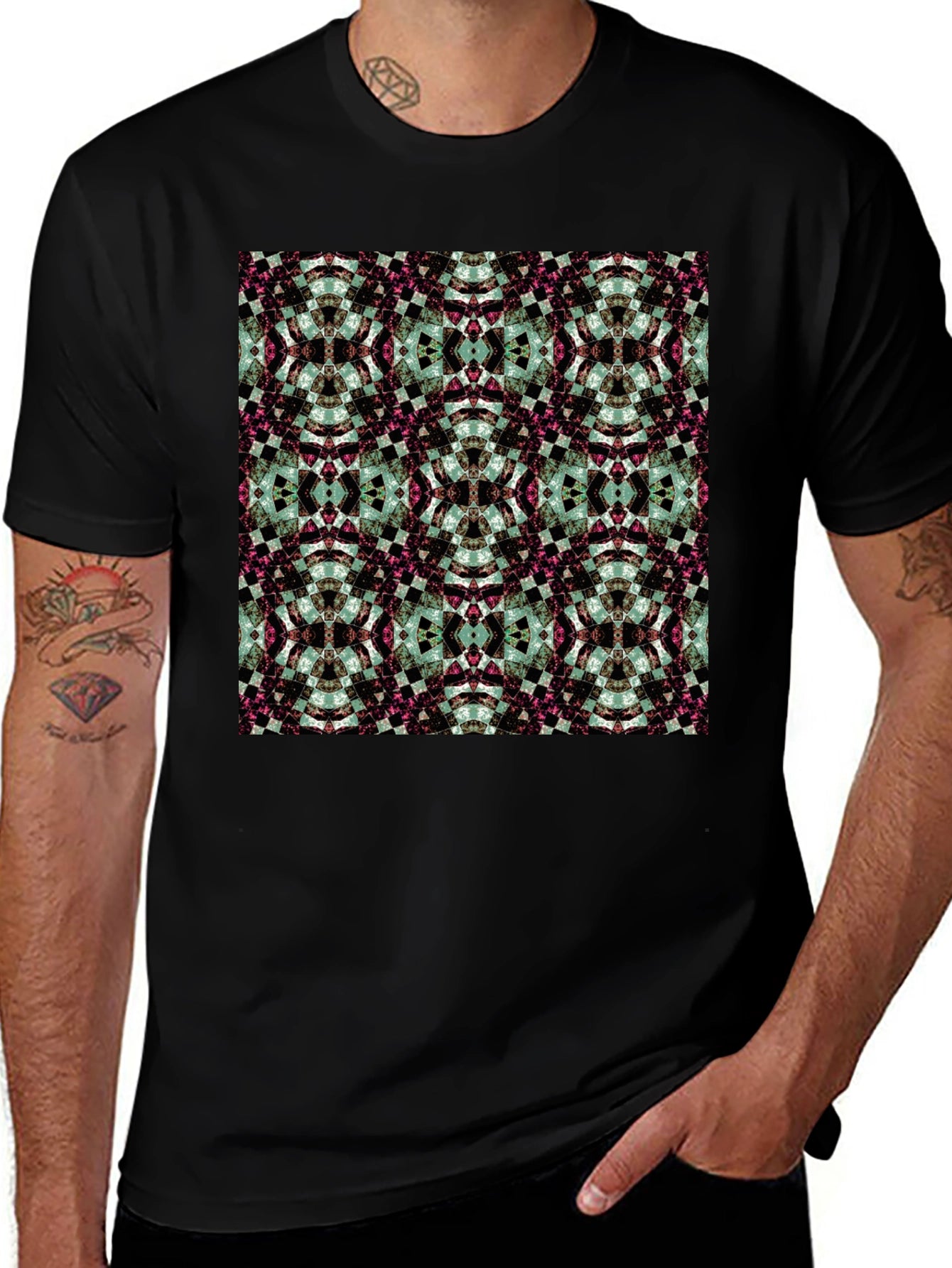 Kaleidoscope Pattern Black Crew Neck T-Shirt