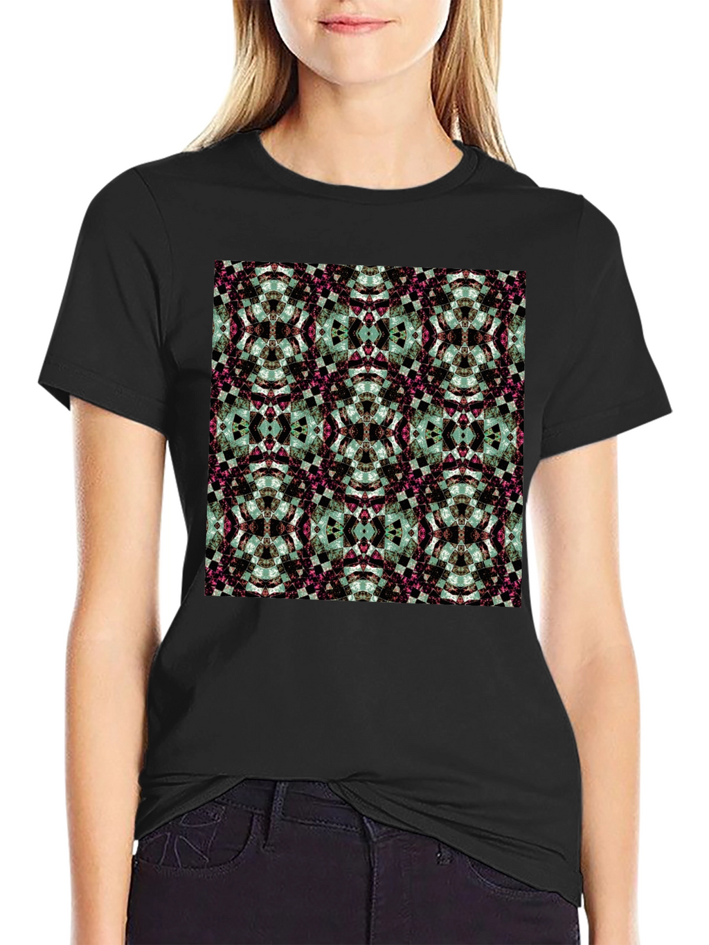 Kaleidoscope Pattern Black Crew Neck T-Shirt