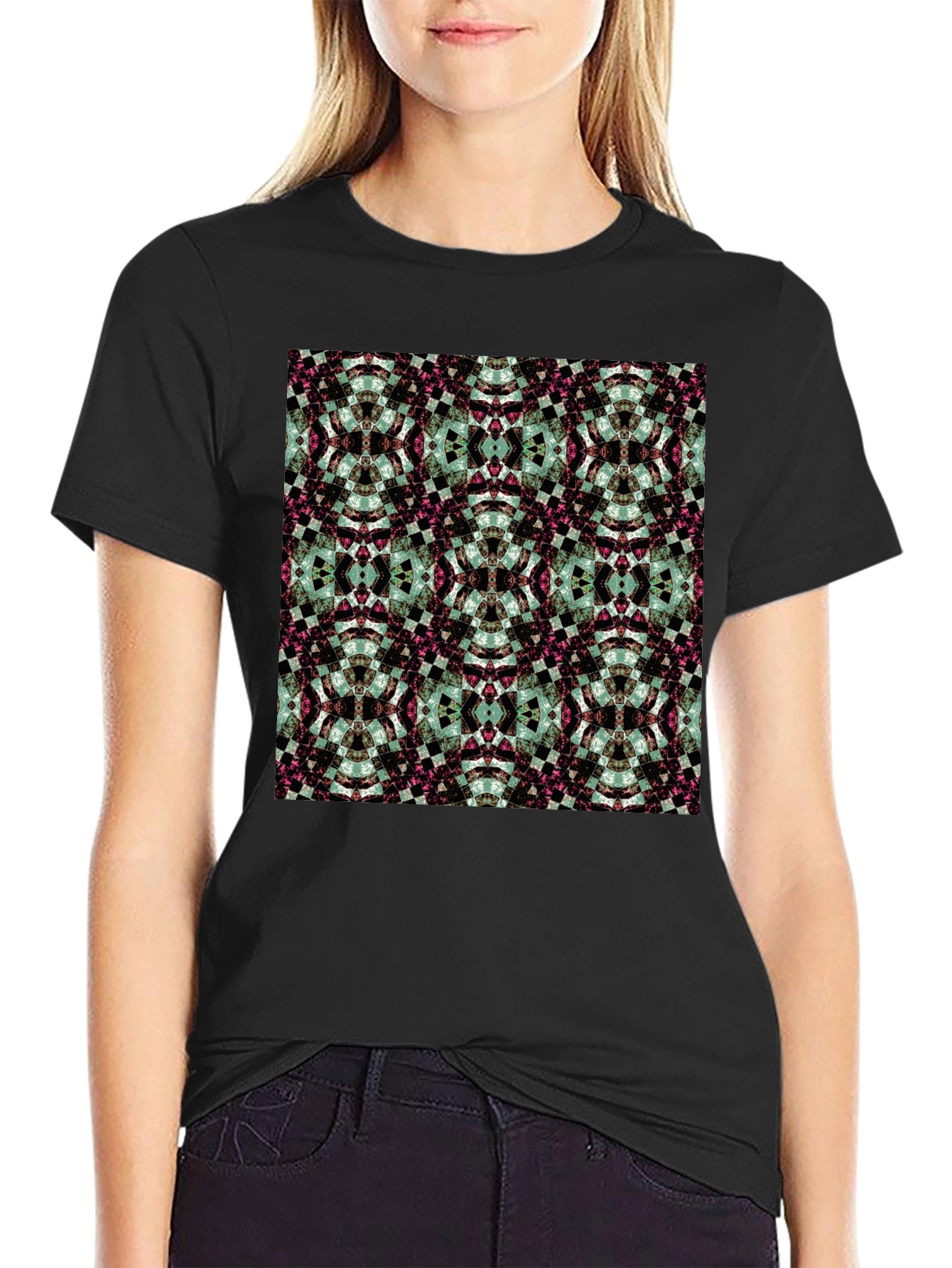 Kaleidoscope Pattern Black Crew Neck T-Shirt