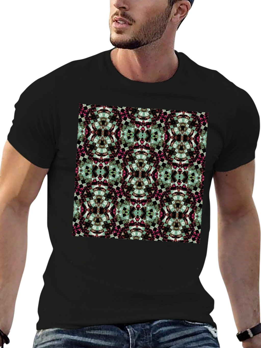 Kaleidoscope Pattern Black Crew Neck T-Shirt