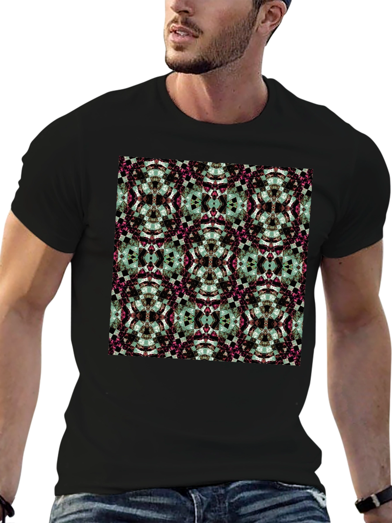 Kaleidoscope Pattern Black Crew Neck T-Shirt