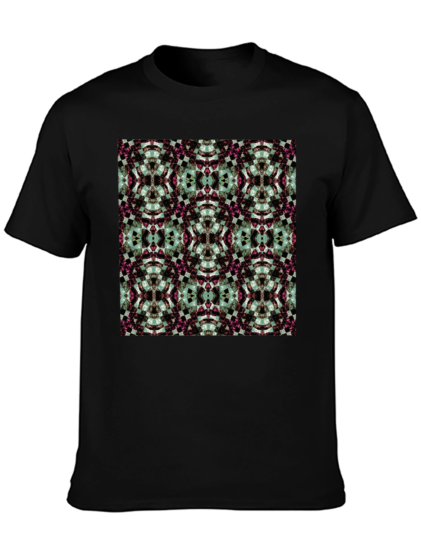Kaleidoscope Pattern Black Crew Neck T-Shirt