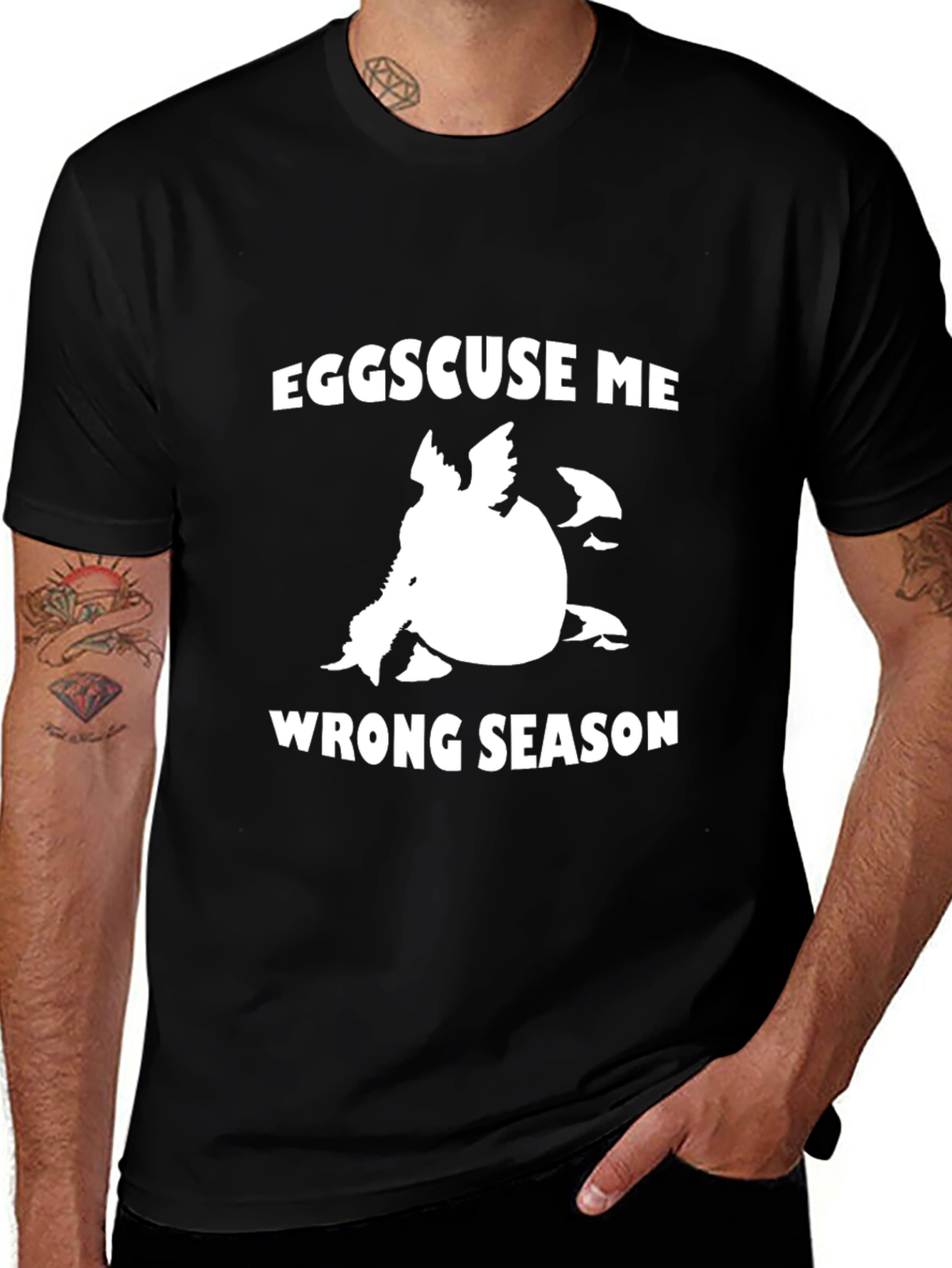 Eggscuse Me Wrong Season Black Graphic Tee