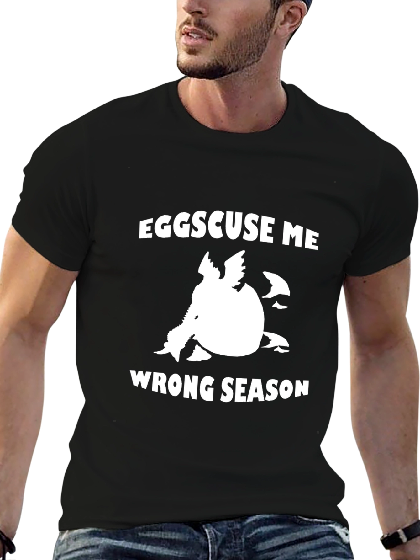 Eggscuse Me Wrong Season Black Graphic Tee