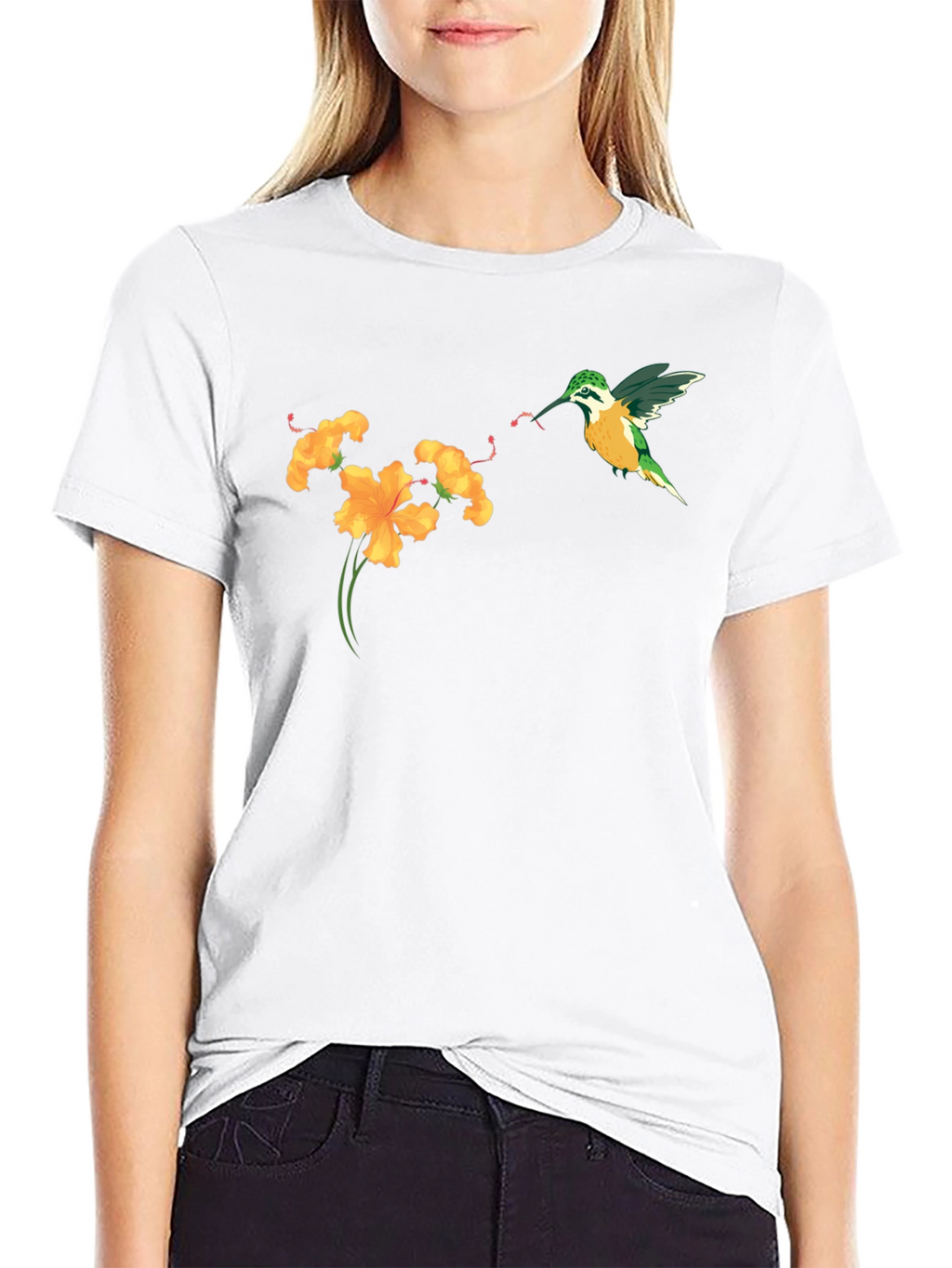 Hummingbird & Flower Graphic Tee - Black
