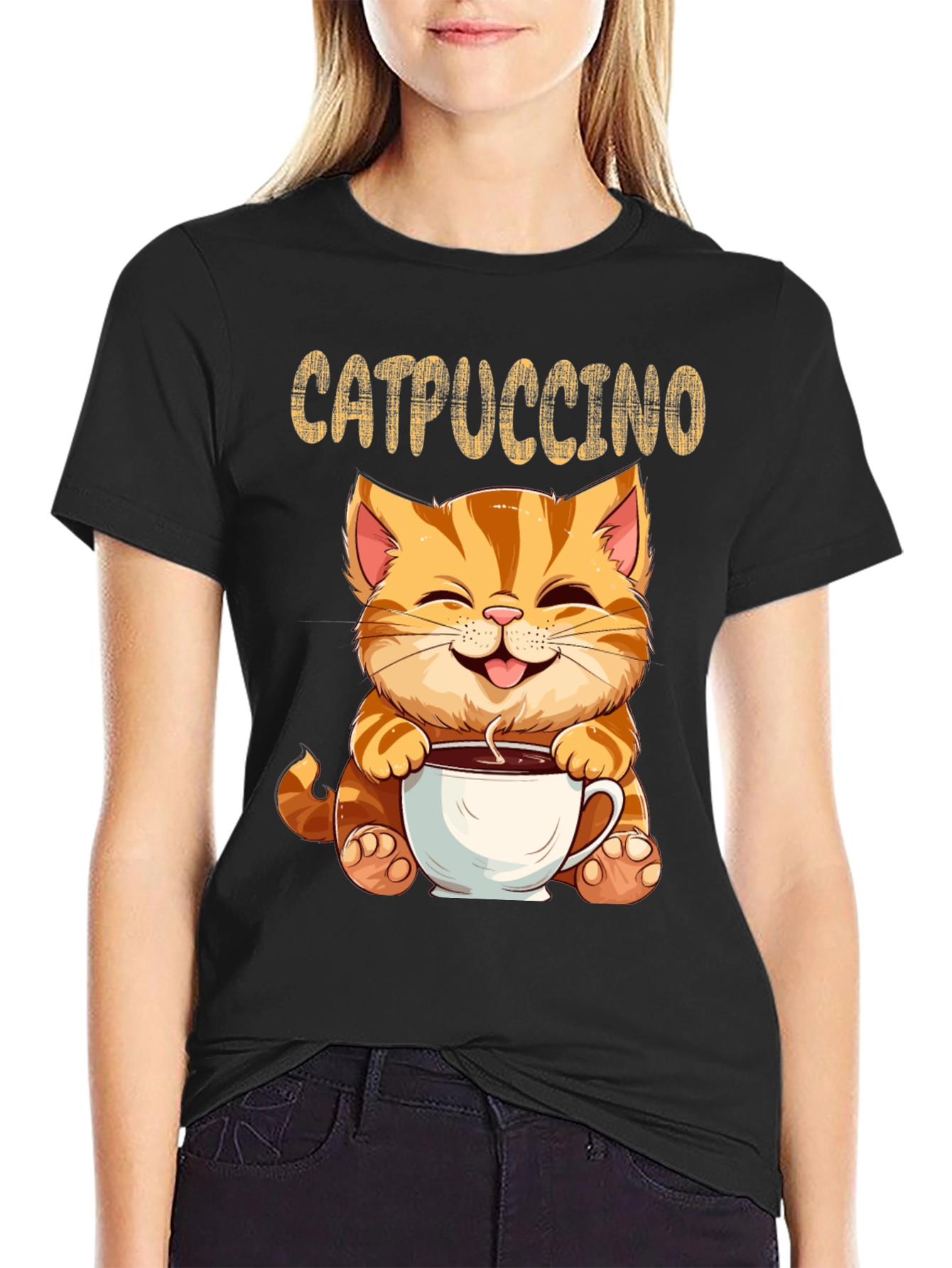Catpuccino Black T-Shirt - Adorable Cat & Coffee Design