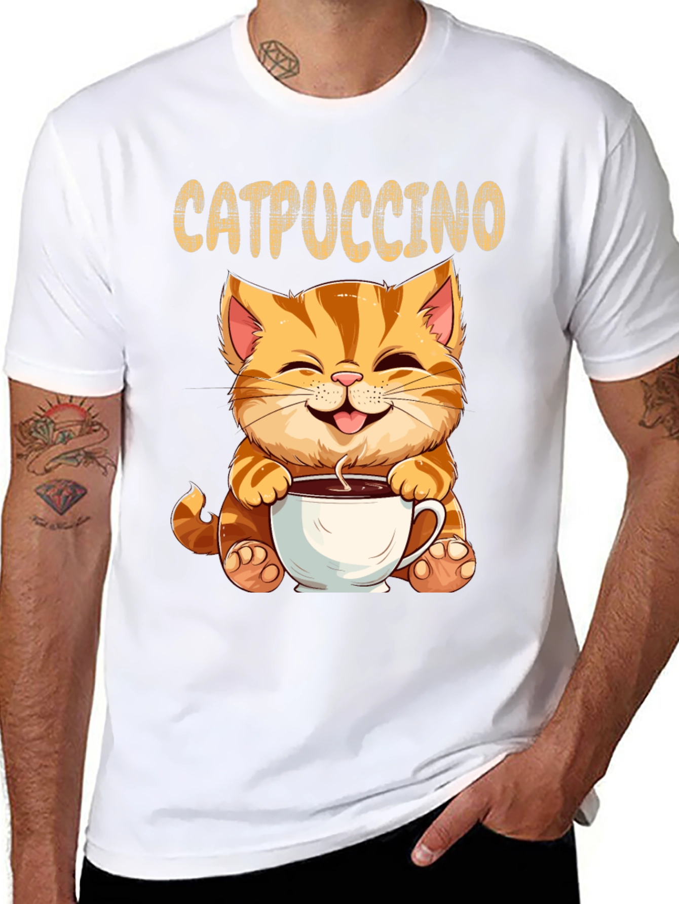 Catpuccino Black T-Shirt - Adorable Cat & Coffee Design