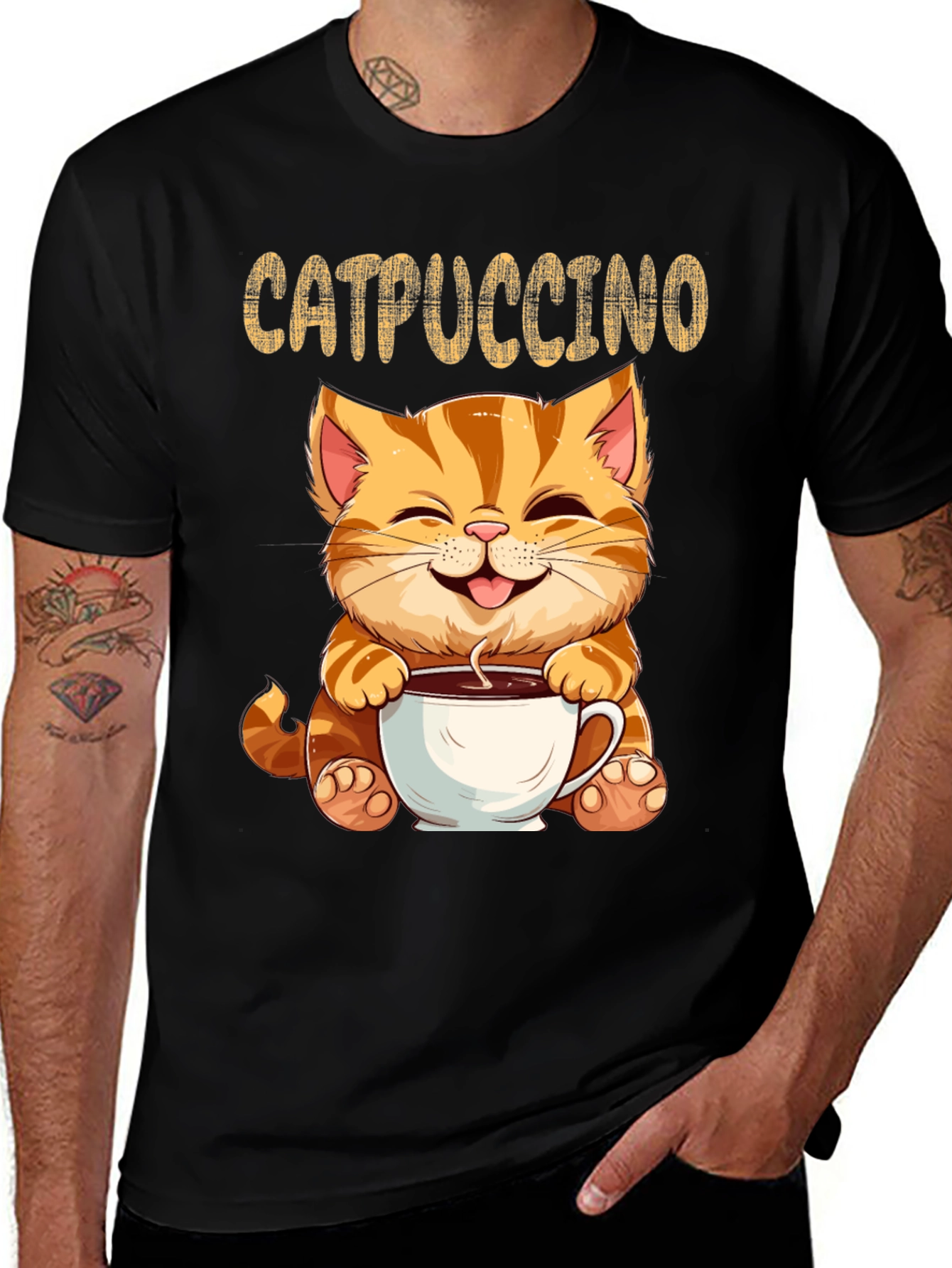 Catpuccino Black T-Shirt - Adorable Cat & Coffee Design
