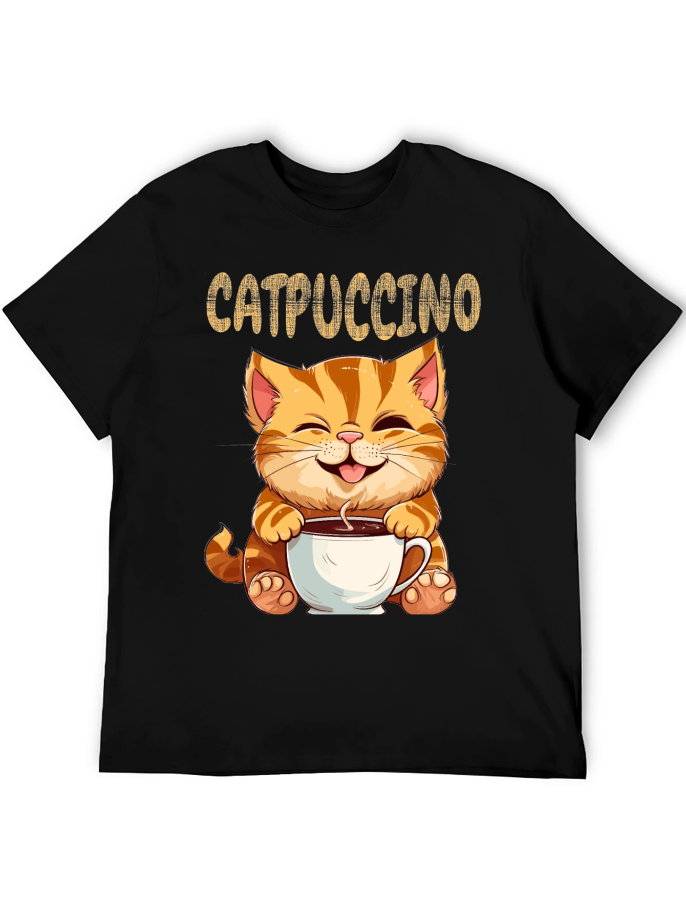 Catpuccino Black T-Shirt - Adorable Cat & Coffee Design