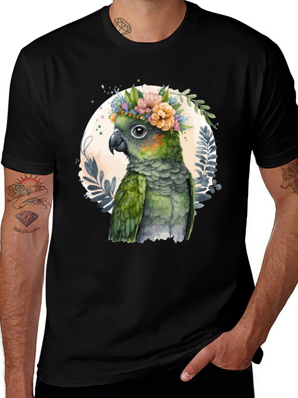 Parrot Floral Wreath Graphic Tee