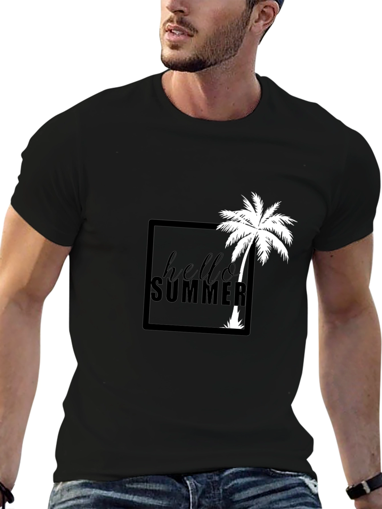 Hello Summer Palm Tree Graphic Tee - Black