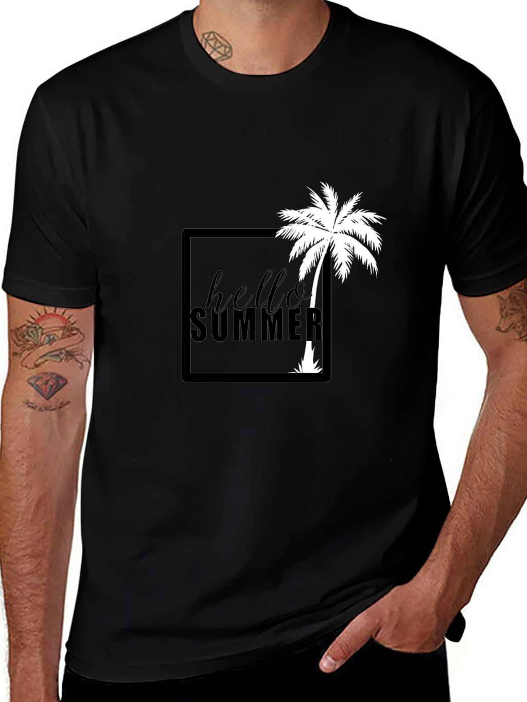 Hello Summer Palm Tree Graphic Tee - Black