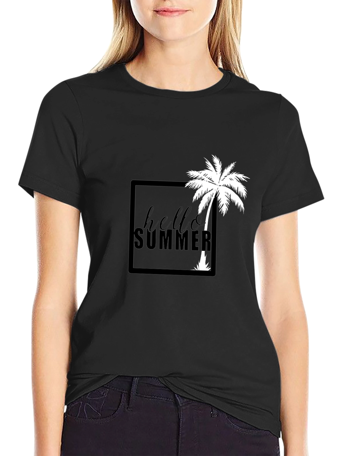 Hello Summer Palm Tree Graphic Tee - Black