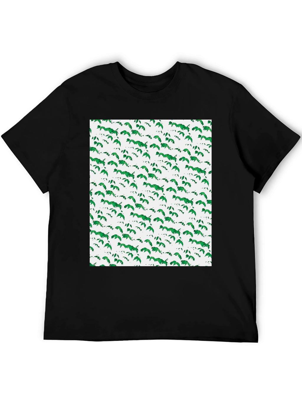 Green Leaf Pattern Black T-Shirt