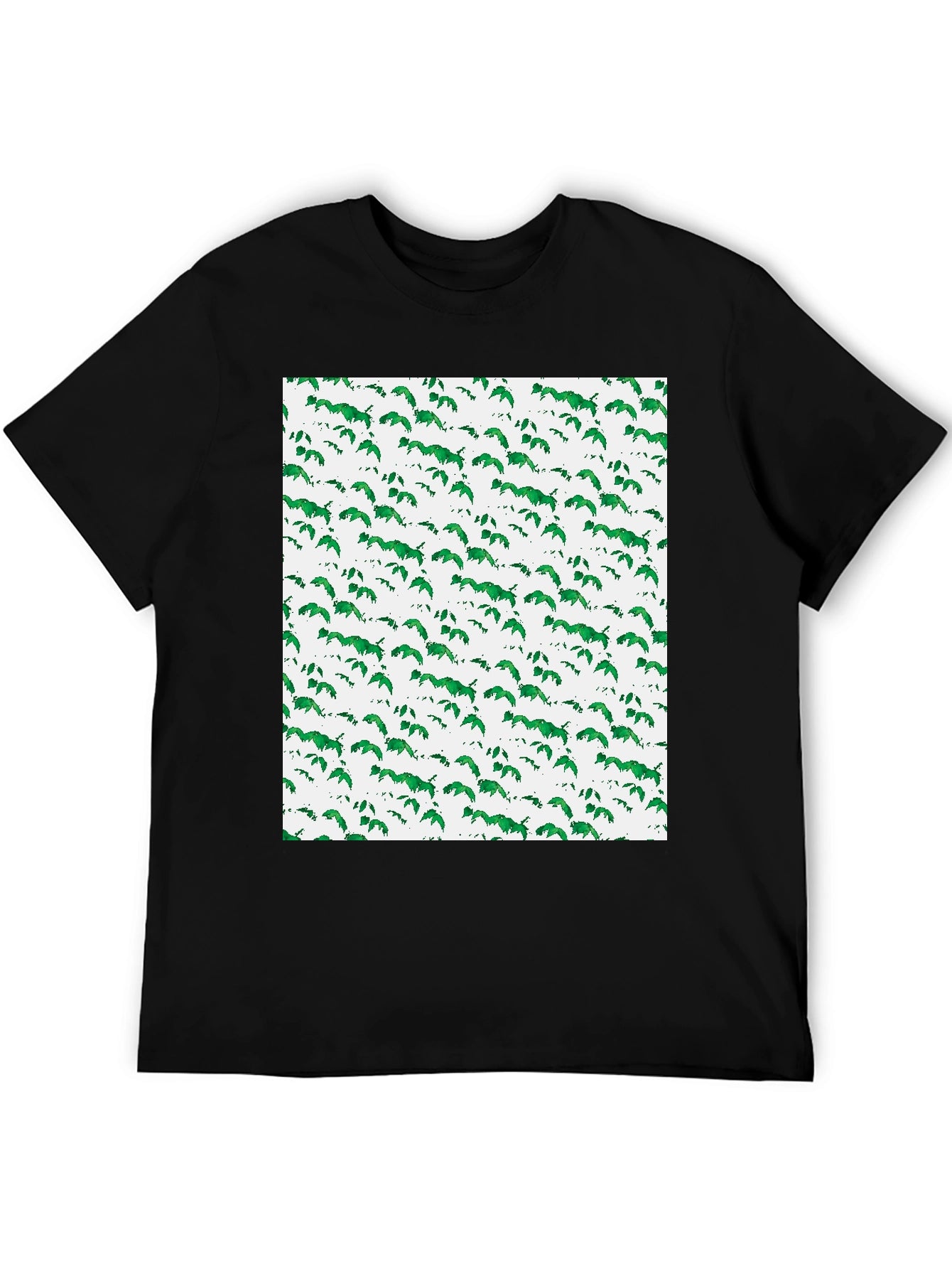 Green Leaf Pattern Black T-Shirt