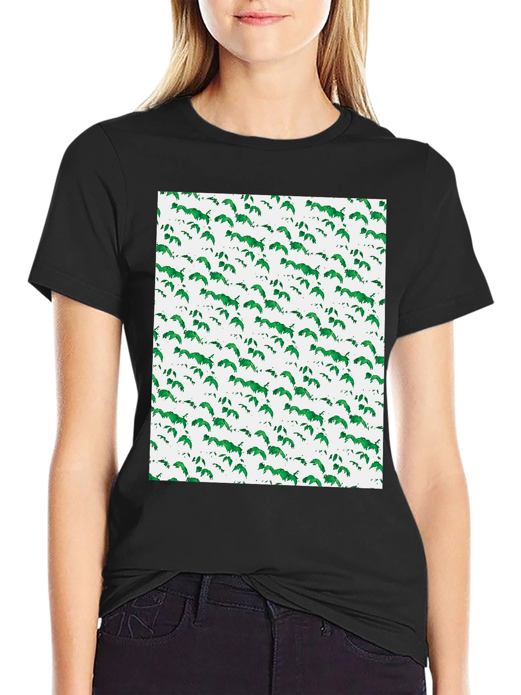 Green Leaf Pattern Black T-Shirt