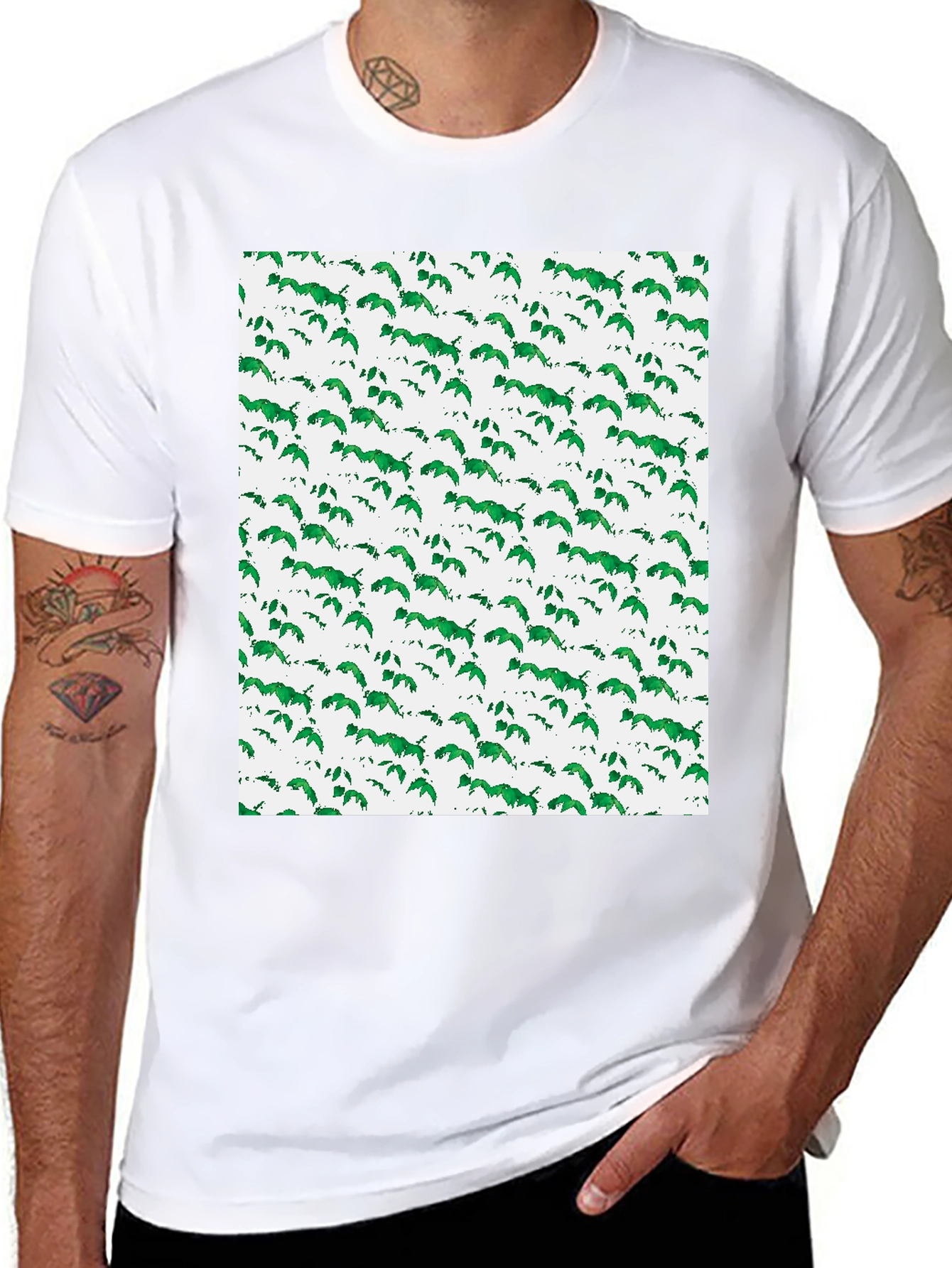 Green Leaf Pattern Black T-Shirt