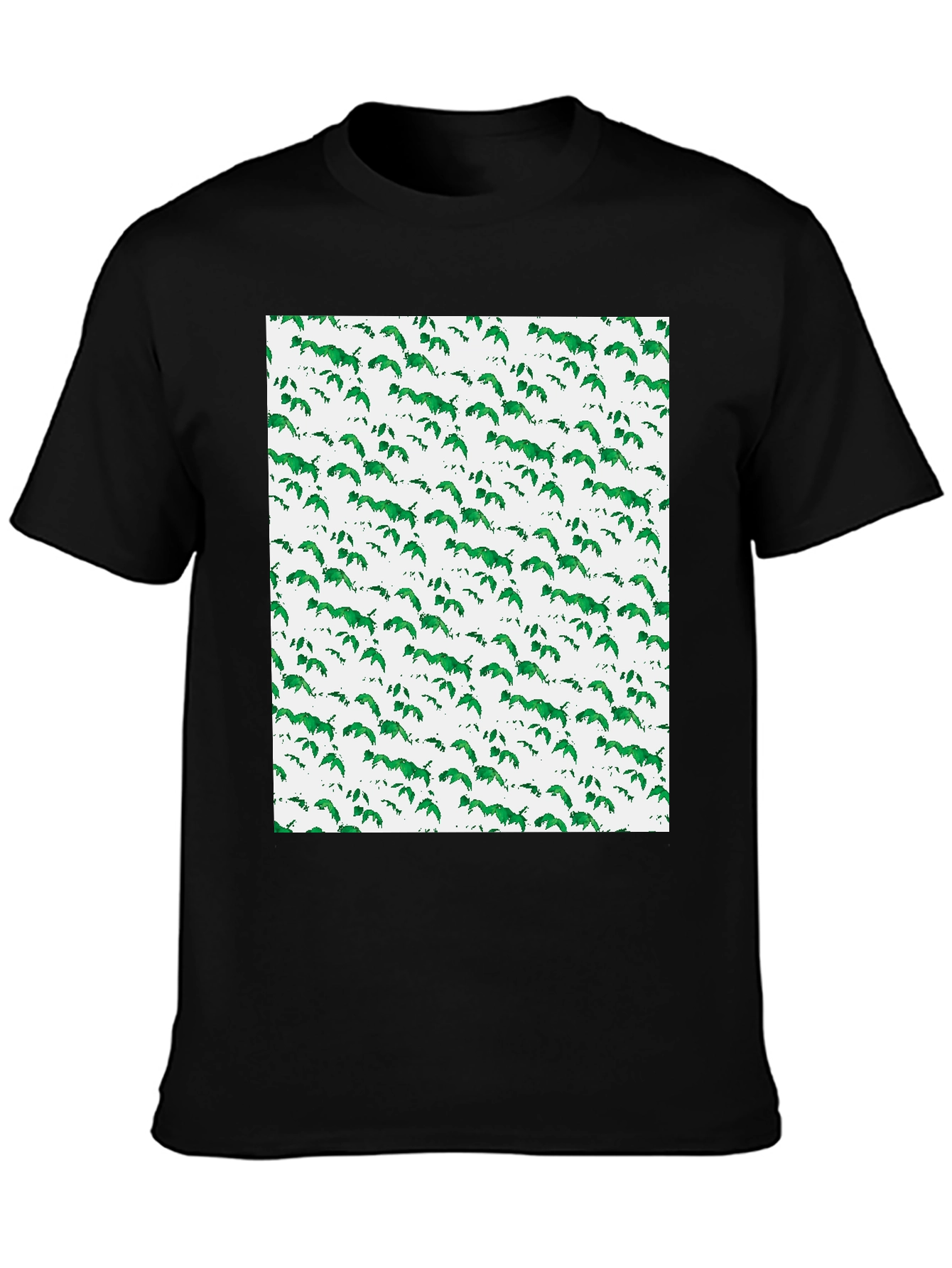 Green Leaf Pattern Black T-Shirt