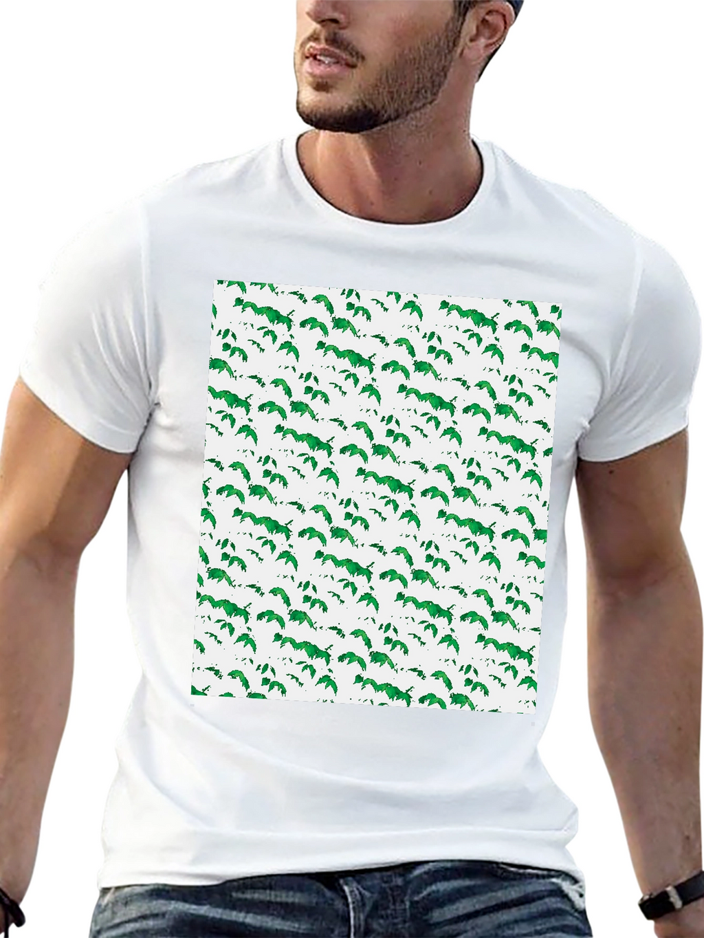 Green Leaf Pattern Black T-Shirt