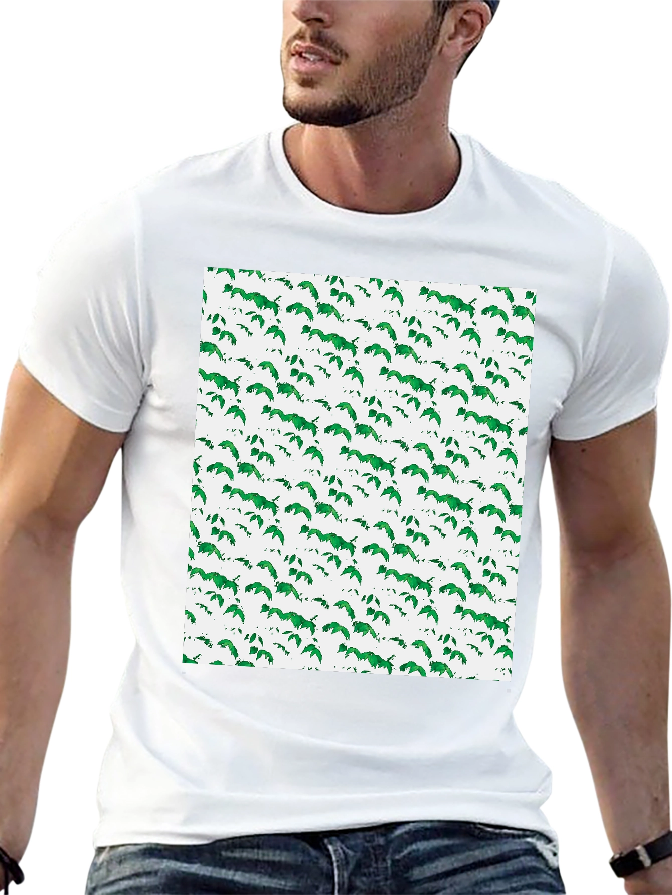 Green Leaf Pattern Black T-Shirt