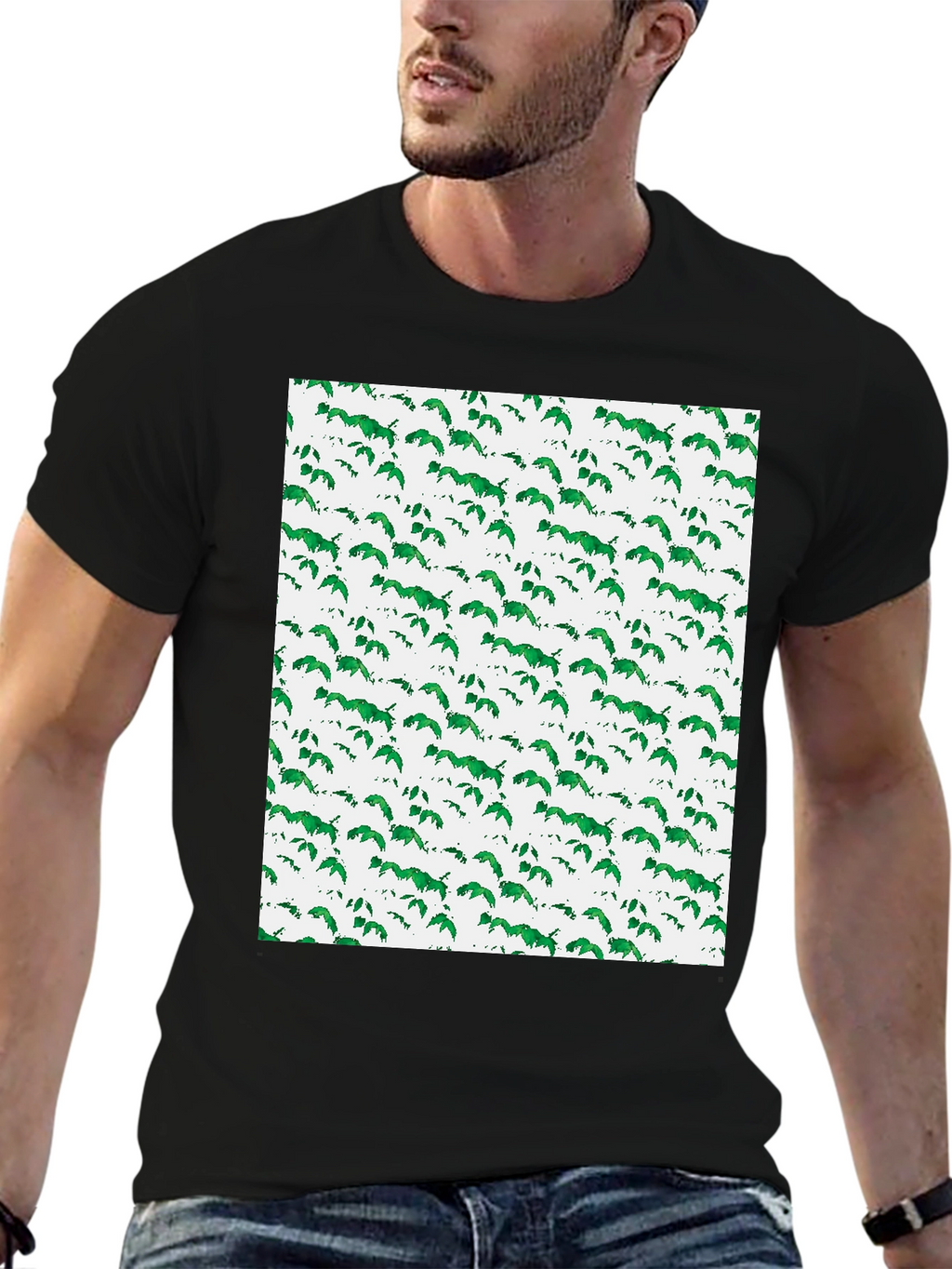Green Leaf Pattern Black T-Shirt