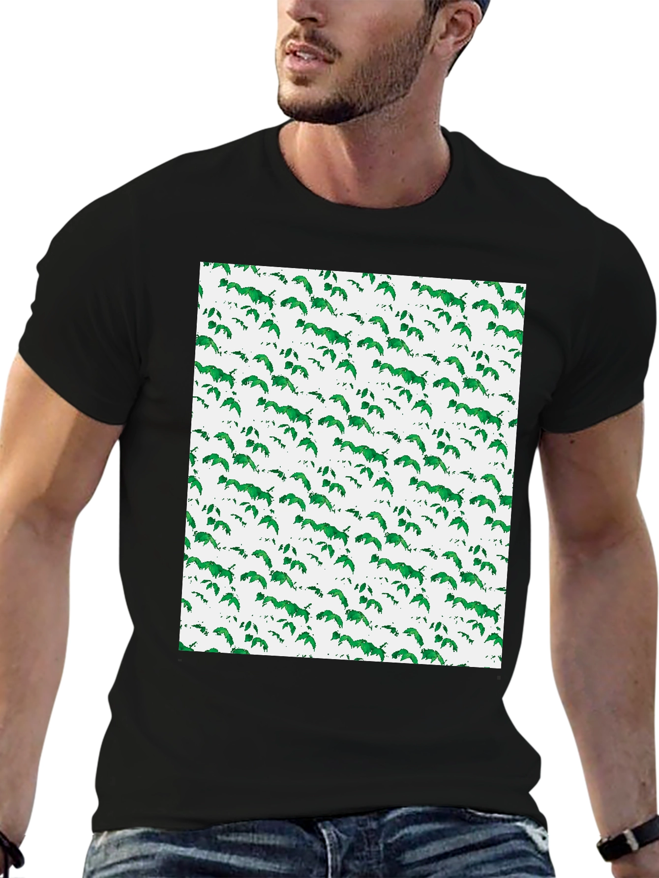 Green Leaf Pattern Black T-Shirt
