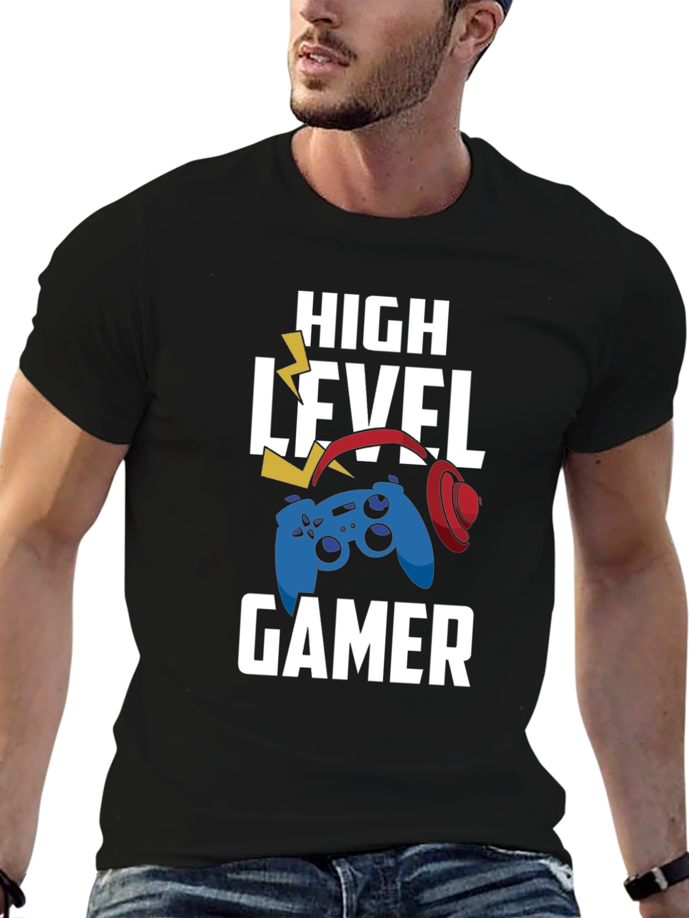 High Level Gamer Black T-Shirt - Controller & Headset Design