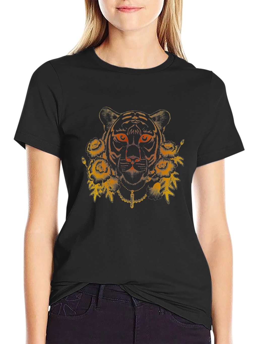 Tiger Floral Graphic Print Black T-Shirt