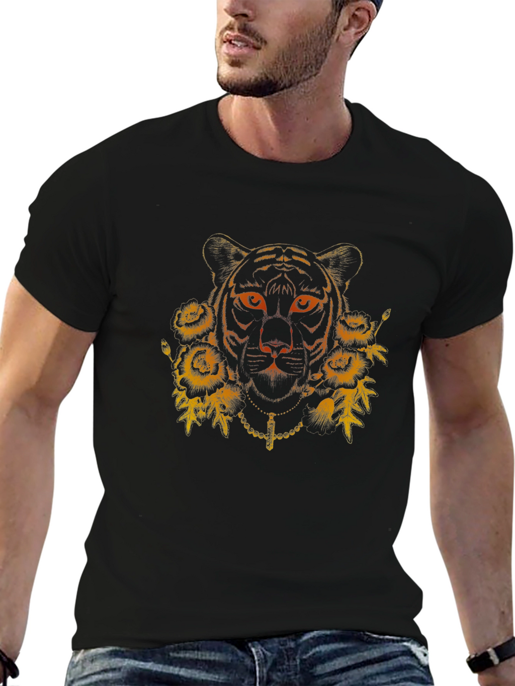 Tiger Floral Graphic Print Black T-Shirt