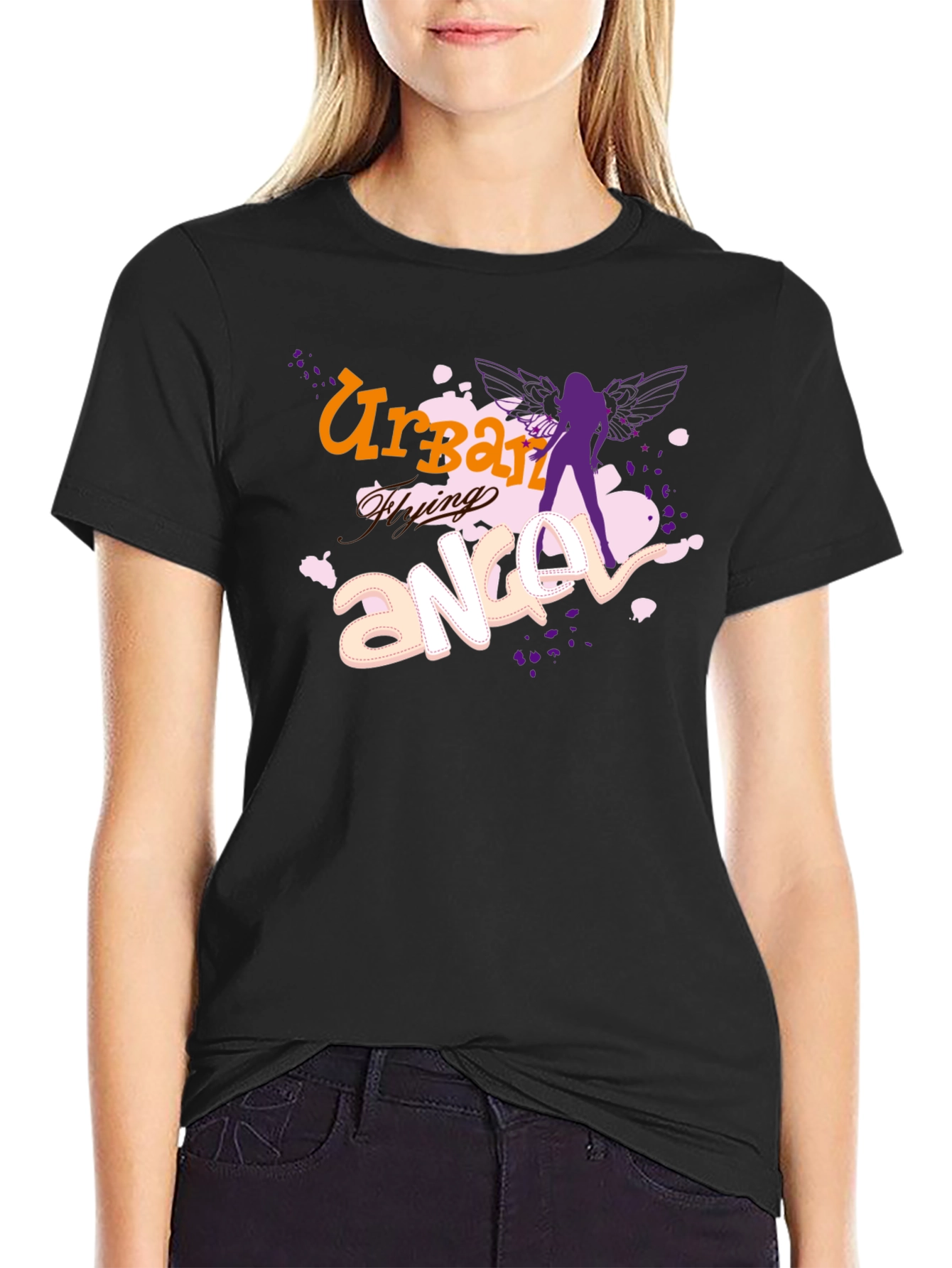 Urban Flying Angel Graphic T-Shirt - Black