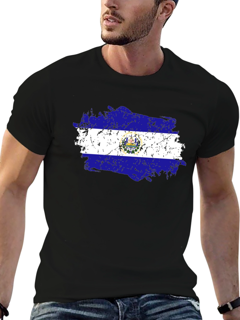 El Salvador Flag T-Shirt Black Cotton Tee