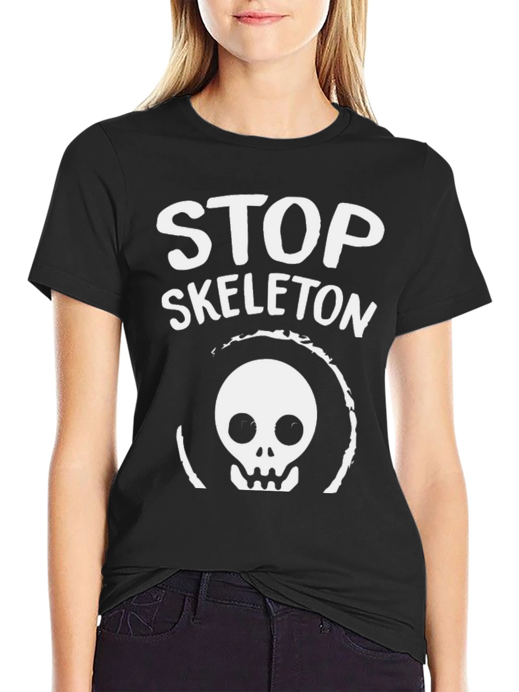 Stop Skeleton Graphic Tee - Black Cotton Casual Shirt