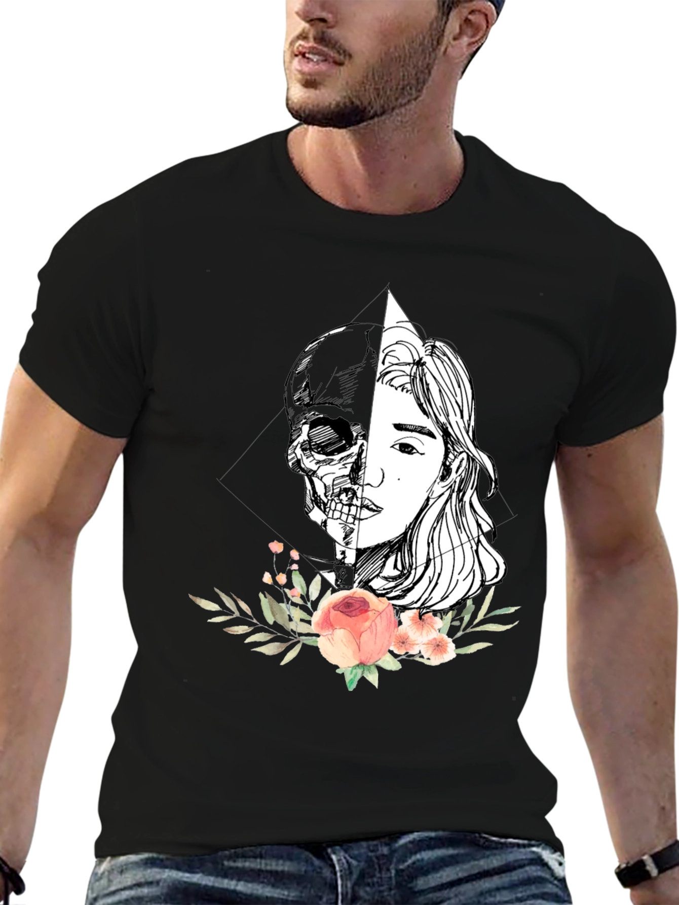 Half Skull Half Face Floral T-Shirt