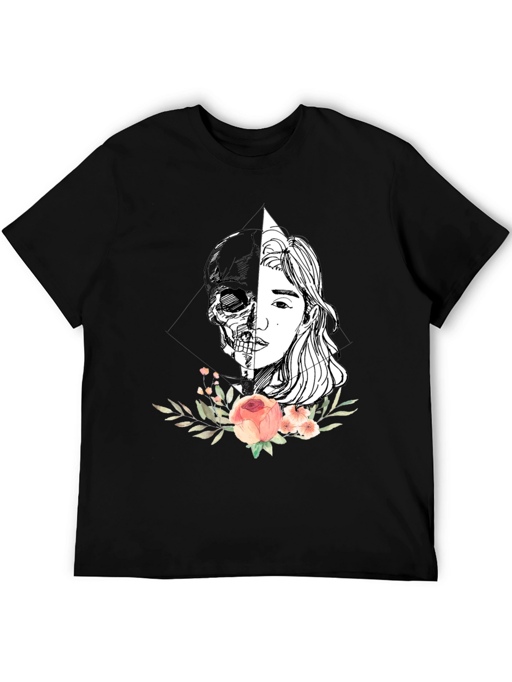 Half Skull Half Face Floral T-Shirt