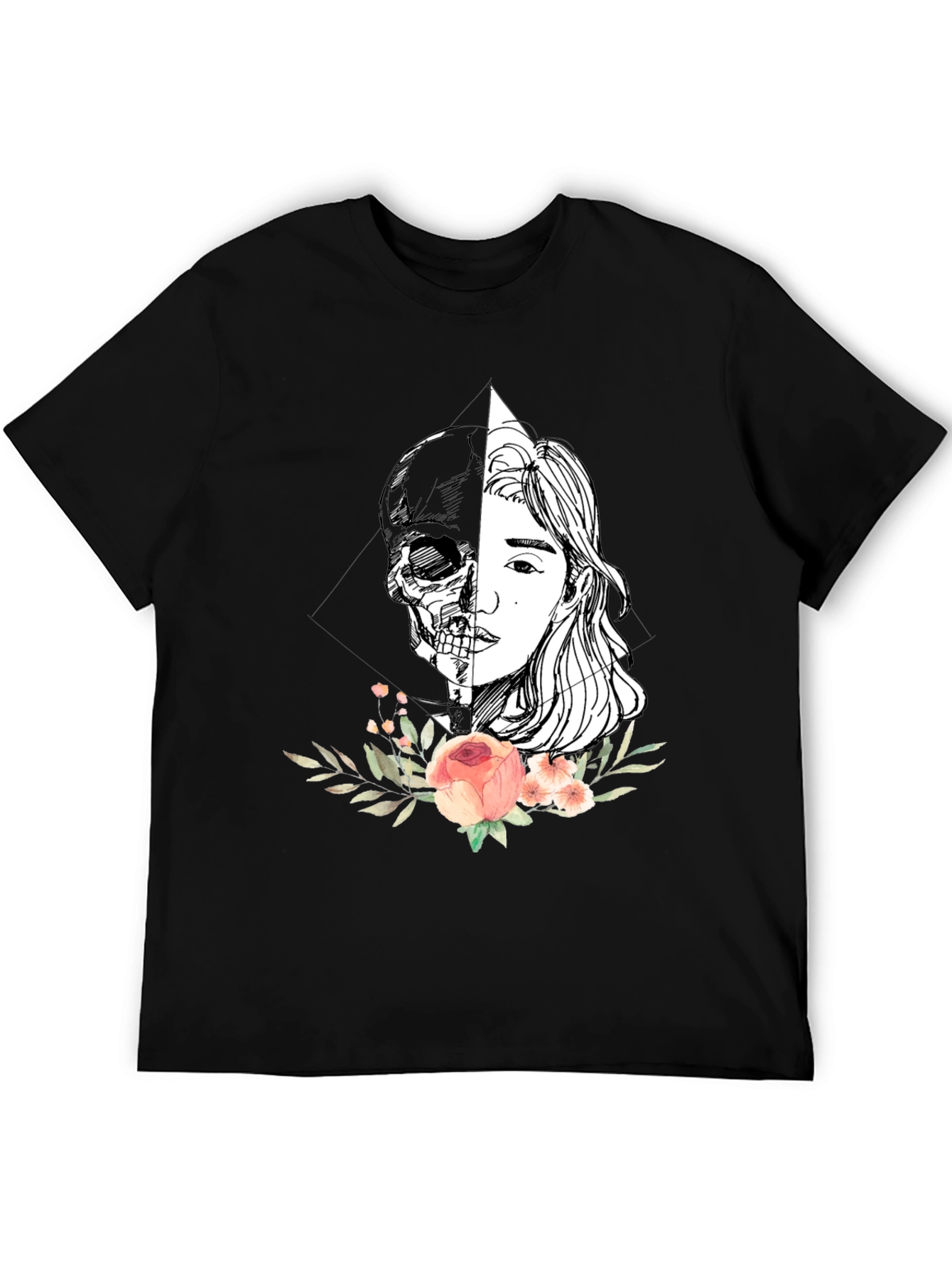 Half Skull Half Face Floral T-Shirt