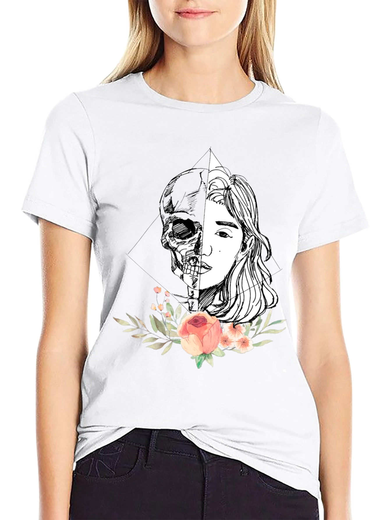 Half Skull Half Face Floral T-Shirt