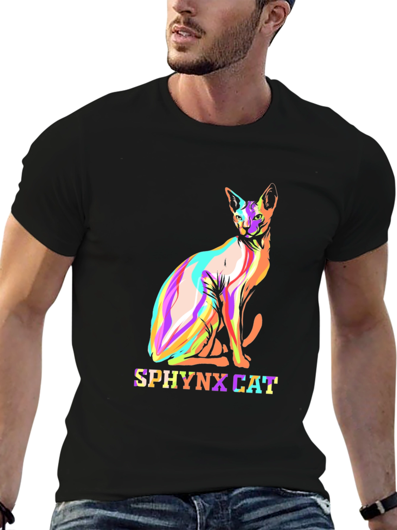Cool Sphynx Cat Graphic Tee - Black Cotton T-Shirt