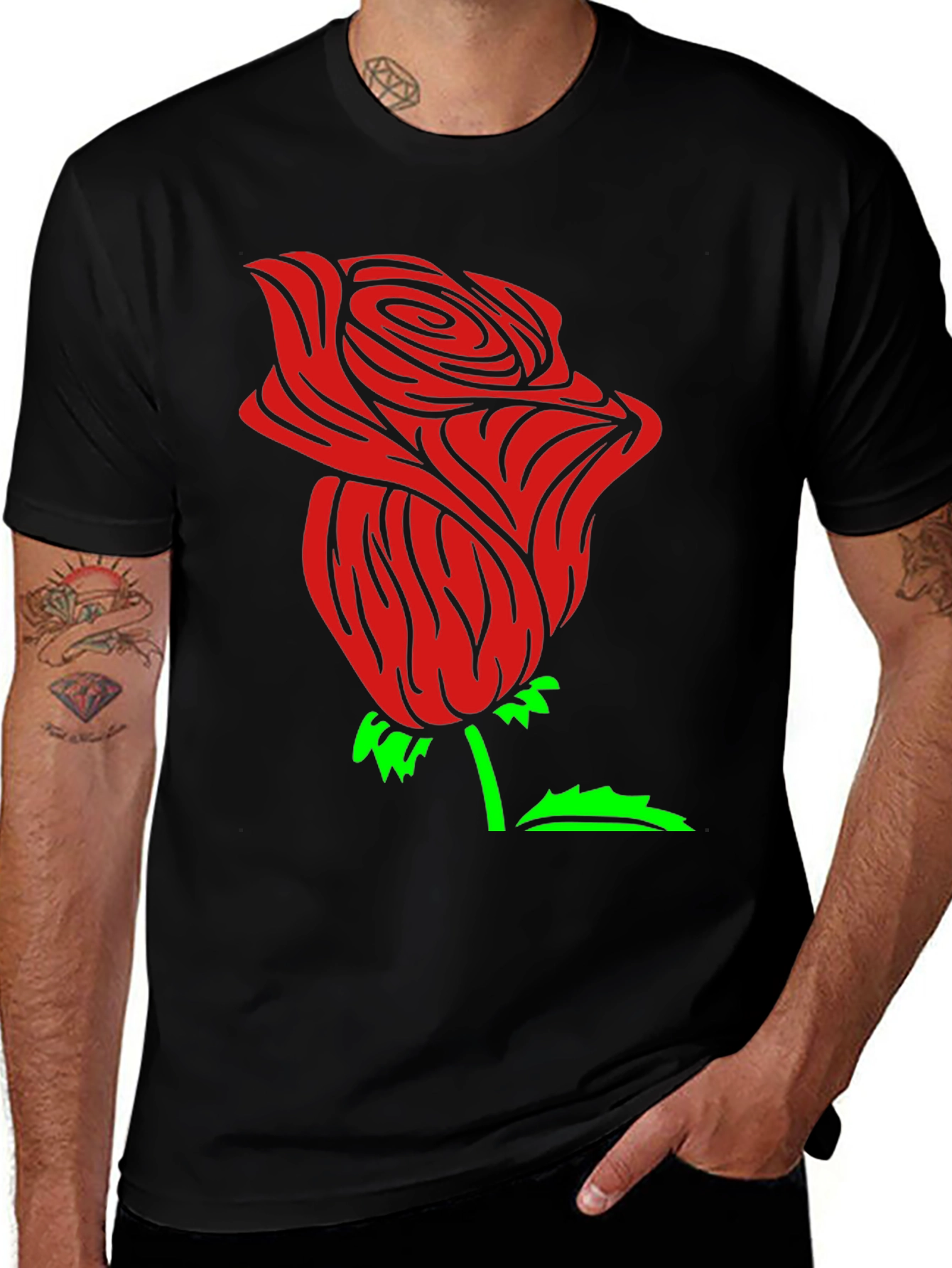 Red Rose Graphic Black Tee Shirt