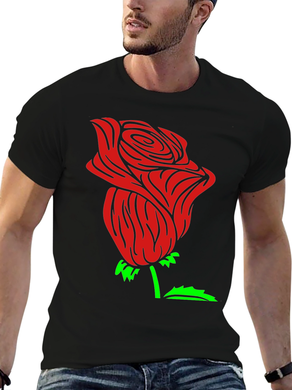 Red Rose Graphic Black Tee Shirt