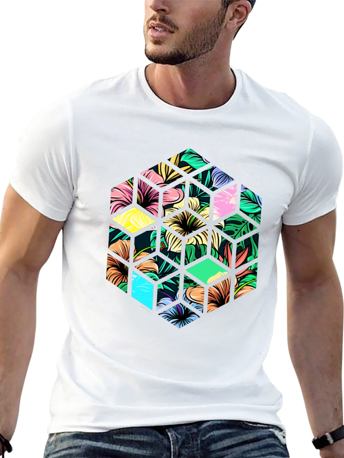Tropical Floral Hexagon Graphic T-Shirt