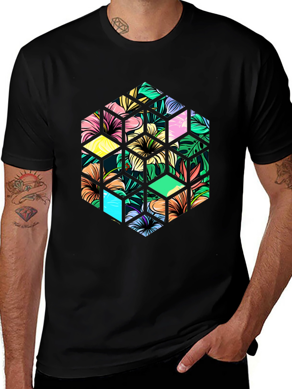 Tropical Floral Hexagon Graphic T-Shirt