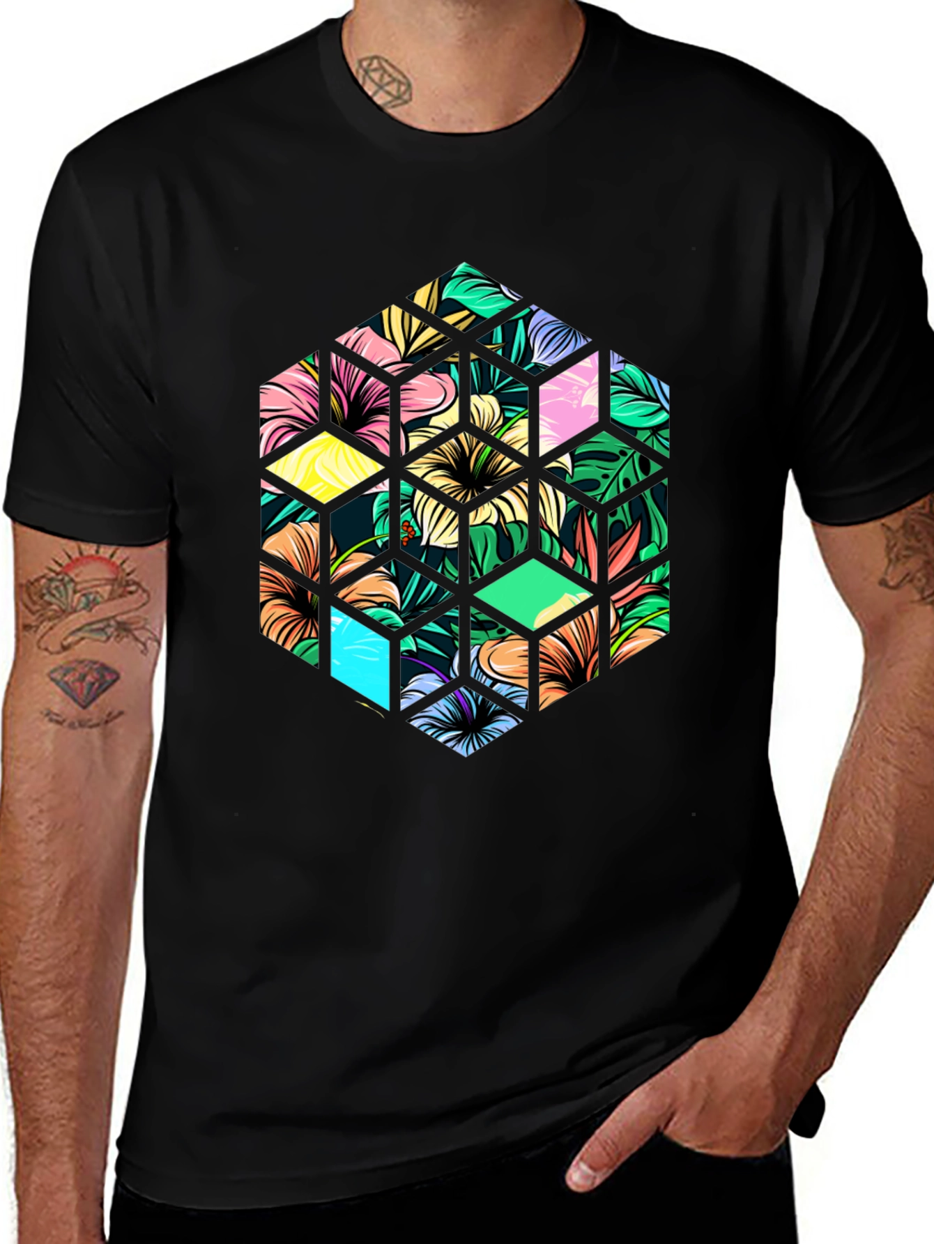Tropical Floral Hexagon Graphic T-Shirt