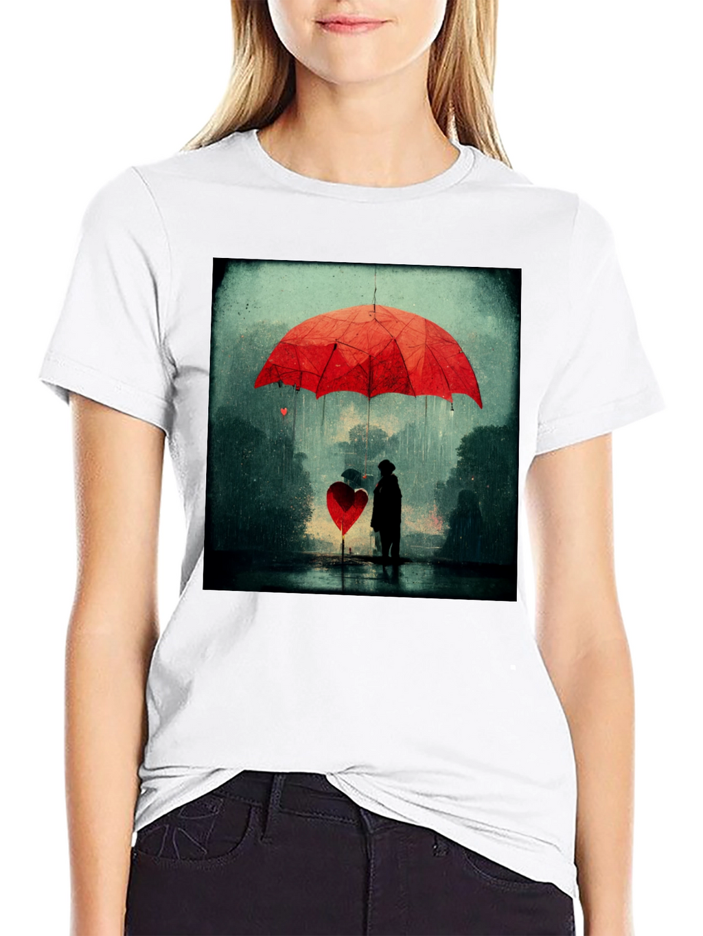 Heart Umbrella Graphic Tee - Artistic Black T-Shirt