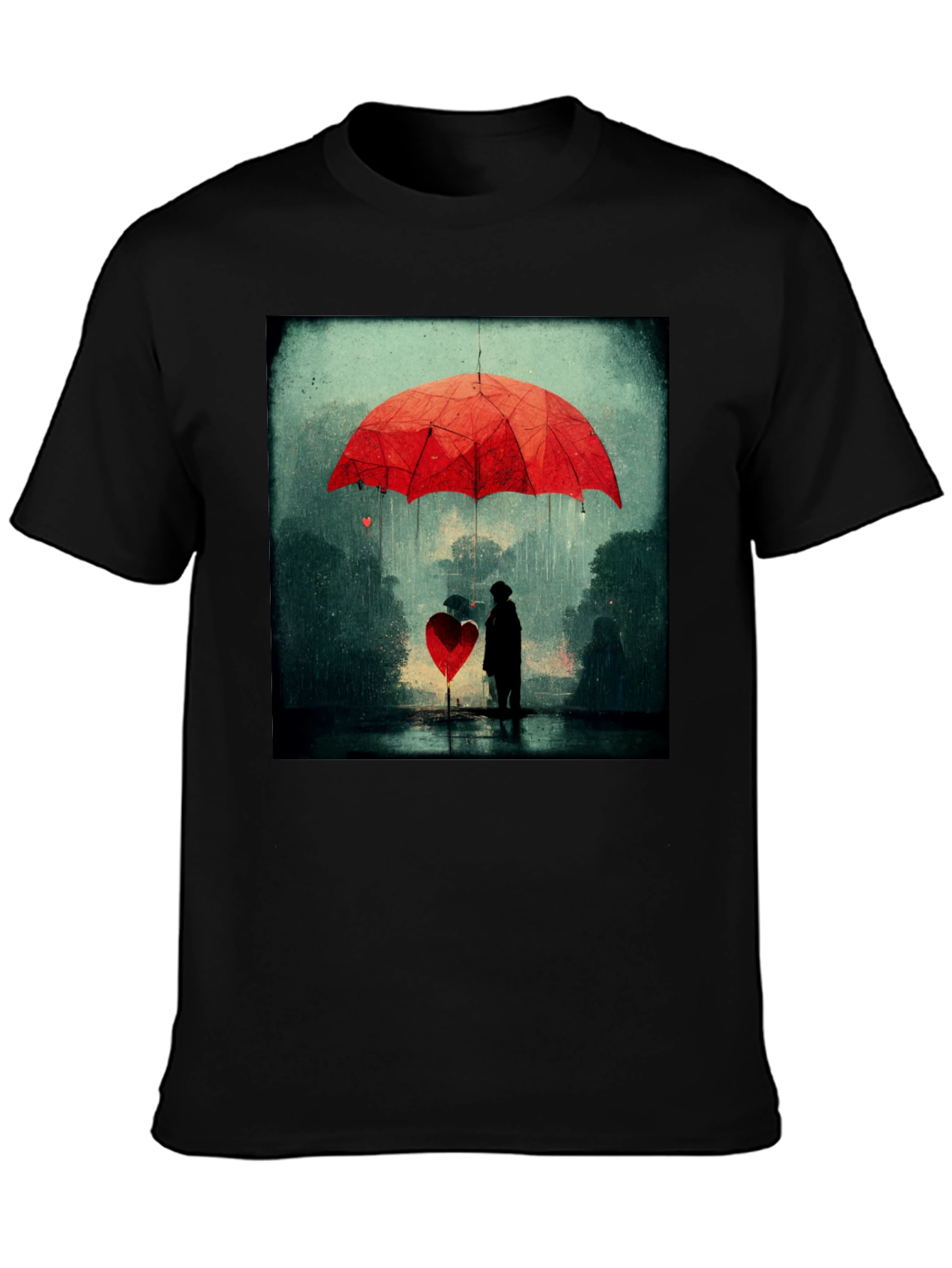 Heart Umbrella Graphic Tee - Artistic Black T-Shirt