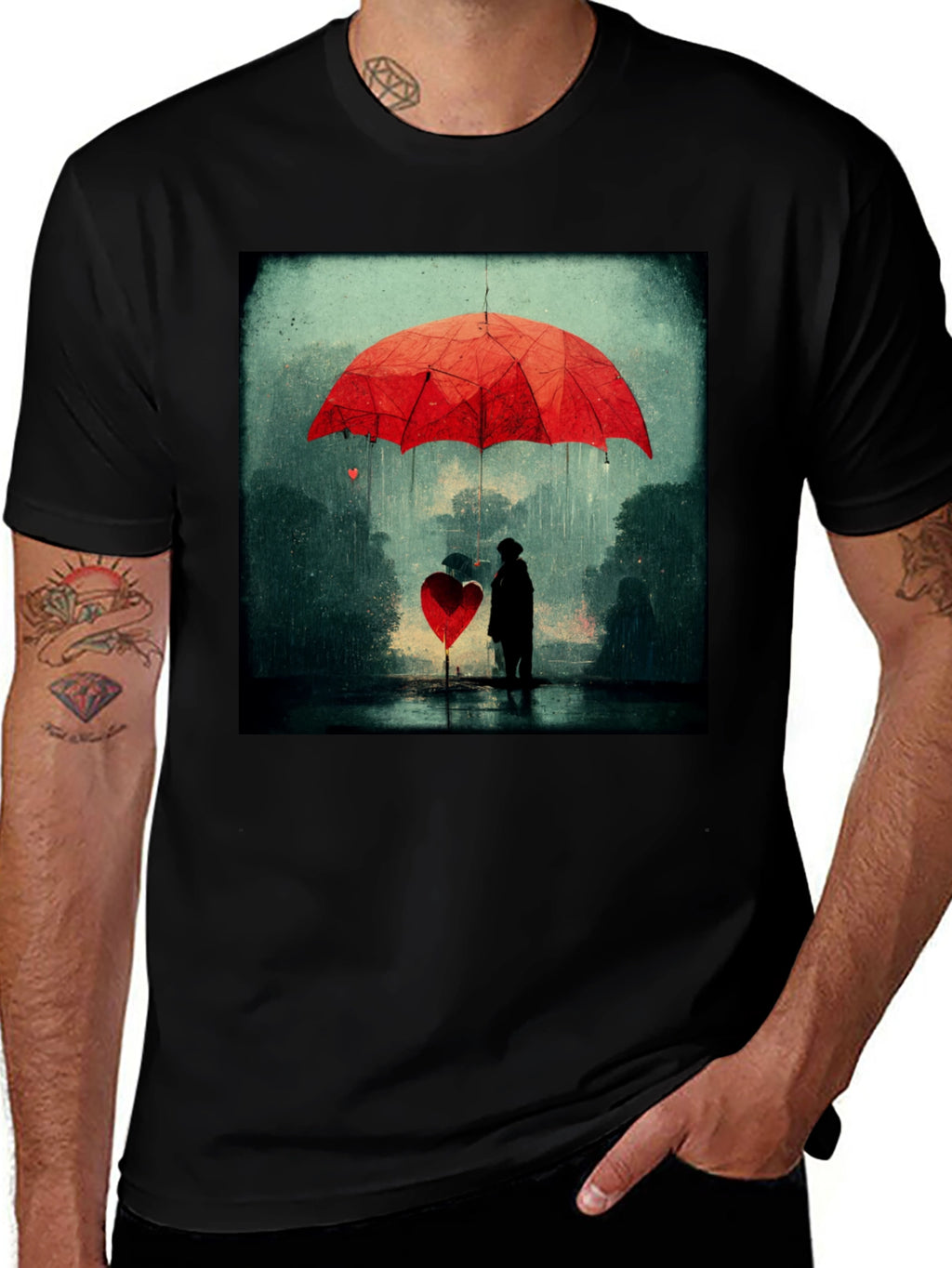 Heart Umbrella Graphic Tee - Artistic Black T-Shirt